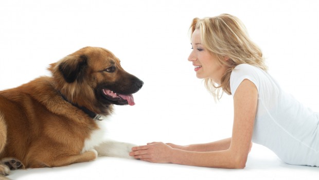 Woman training dog